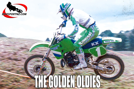 An archive photo of Parnassus rider Graeme Allan (Kawasaki), in action back in the 1980s and proudly displaying the 250cc class No.1 plate he achieved in 1987. Photo by Andy McGechan, BikesportNZ.com