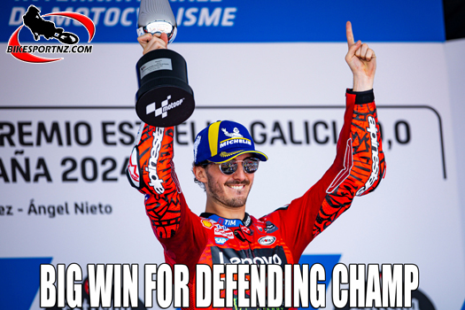 Italian defending world champion Francesco Bagnaia (Ducati), top of the MotoGP podium in Spain at the weekend.