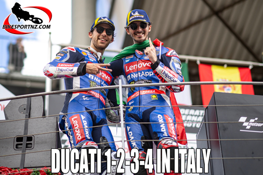 Italian defending world champion Francesco Bagnaia (Ducati, right), top of the MotoGP podium in Italy at the weekend.