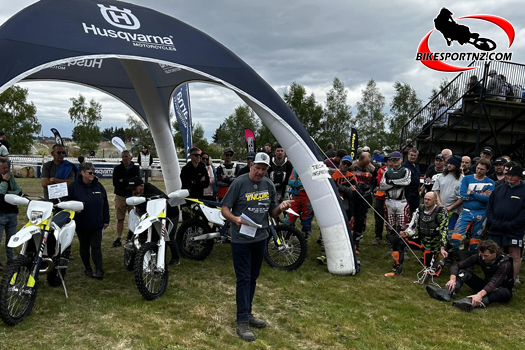 Tokoroa's Sean Clarke delivers the briefing to riders before the start of the annual Husqvarna Hard Adventure Enduro in Taupo last season. Photo by Andy McGechan, BikesportNZ.com