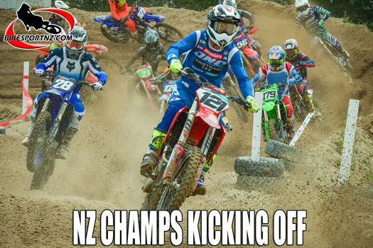 Opotiki’s Cody Cooper (GASGAS No.121) is among the leading riders soon the start in this recent MX2 class race. Photo by Andy McGechan, BikesportNZ.com