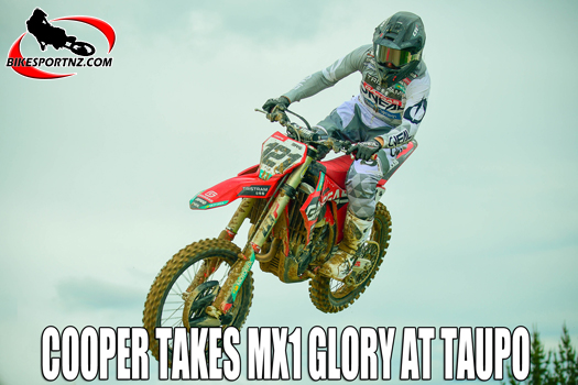 Papamoa's Cody Cooper (GasGas MC450F) kicked off his 2023-24 season in the best way possible, taking the chequered flag in the premier MX1 class at MX Fest in Taupo over Labour Weekend. Photo by Andy McGechan, BikesportNZ.com