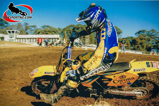 Motueka’s Josh Coppins (Suzuki), in action at the Australian Grand Prix at Broadford, Australia, in 2001, the last time Australia hosted a round of the motocross world championships. Photo by Andy McGechan, BikesportNZ.com