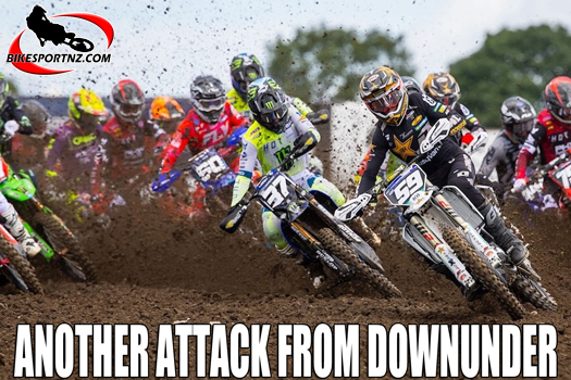 Casey Cochran [#59] led in Moto 1 early but crashed out of the race, which allowed NZ’s Cole Davies [#37] to lead before eventually giving way to Levi Kitchen [#47]. Photo courtesy MX Sports Pro Racing, Inc.