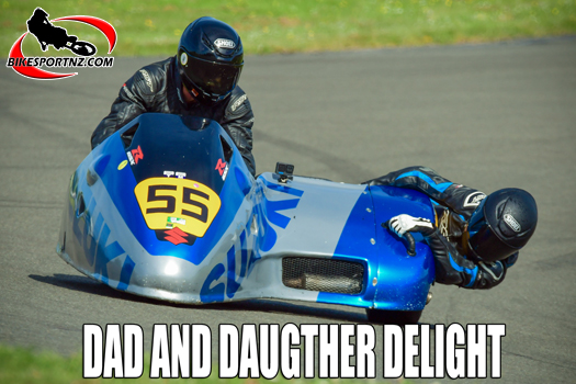 Whanganui father and daughter team Peter (driver) and Lucy (passenger), on Suzuki No.55, put their sidecar on top of the Formula Two podium at the weekend. Photo by Andy McGechan, BikesportNZ.com