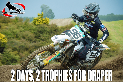 Hayden Draper, from Karaka, near Pukekohe, takes his Husqvarna TC125 to win two separate classes over two days at Labour Weekend’s big annual MX Fest extravaganza in Taupo. Photo by Andy McGechan, BikesportNZ.com