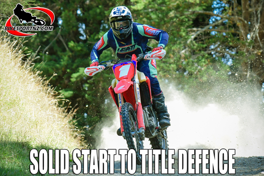 Defending New Zealand cross-country champion Callum Dudson (Honda CRF450), from Rotorua, leads the way at round two of the 2025 New Zealand cross-country championships at Waituna West on Sunday. Photo by Andy McGechan, BikesportNZ.com