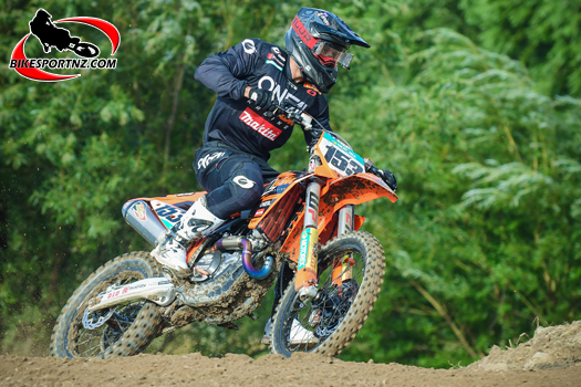 West Auckland-based former Takaka man Hamish Harwood (KTM 450SFX), still leading the way in the premier MX1 class after round two of the New Zealand Motocross Championships at Balclutha on Sunday. Photo by Andy McGechan, BikesportNZ.com