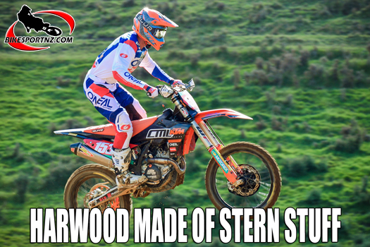 West Auckland-based former Takaka rider Hamish Harwood (CML KTM Racing Team KTM450SXF), on his way to sealing up the national MX1 title in Taranaki on Sunday. Photo by Andy McGechan, BikesportNZ.com