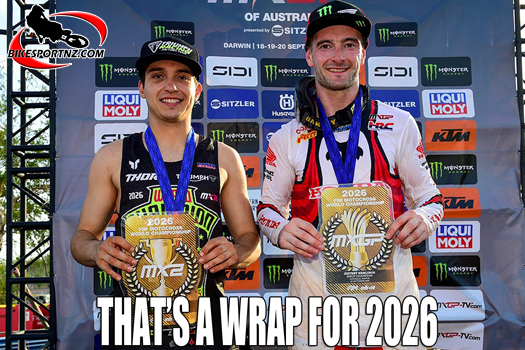 Dutchman Jeffery Herlings (Honda), right, alongside 2026 MX2 world champion Guillem Farres (Triumph), from Spain. Photo courtesy Infront Moto Racing.