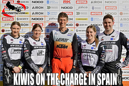 The Kiwis are off to a flying start at the 2024 International Six Days Enduro, that kicked off in Spain on Monday. The riders are (from left) Taylar Rampton, Kylie Dorr, Chris Birch, Rachael Archer and Liam Ellis. Photo courtesy Foto Boezeroog.