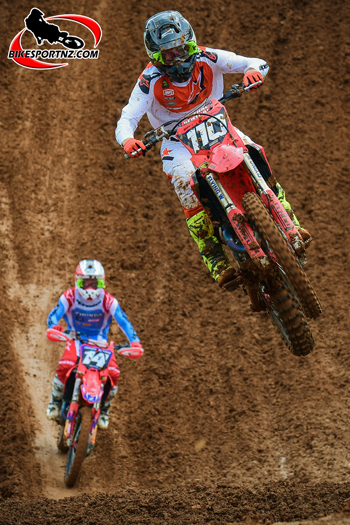 New Plymouth’s Rian king (Honda No.110) and Tauranga’s Cobie Bourke (Honda No.14), two of the leading riders in the MX2 class in this season’s New Zealand Motocross Championships. Photo by Andy McGechan, BikesportNZ.com