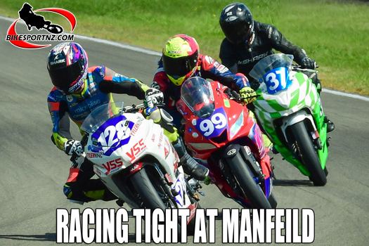There are no room for mistakes when the racing is this close. Silverdale’s Tyler King (No.128) leads Wellington’s Nixon Frost (No.99) and Hamilton’s Joe Stroud (No.37) early on in this supersport 300 class race at Manfeild at the weekend. Photo by Andy McGechan, BikesportNZ.com 
