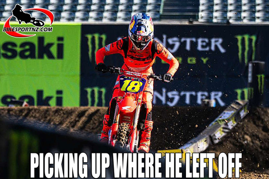 Australian Jett Lawrence, main event winner at the opening round of the AMA Supercross Championships, also round one of the SMX World Championships, at Anaheim Stadium.