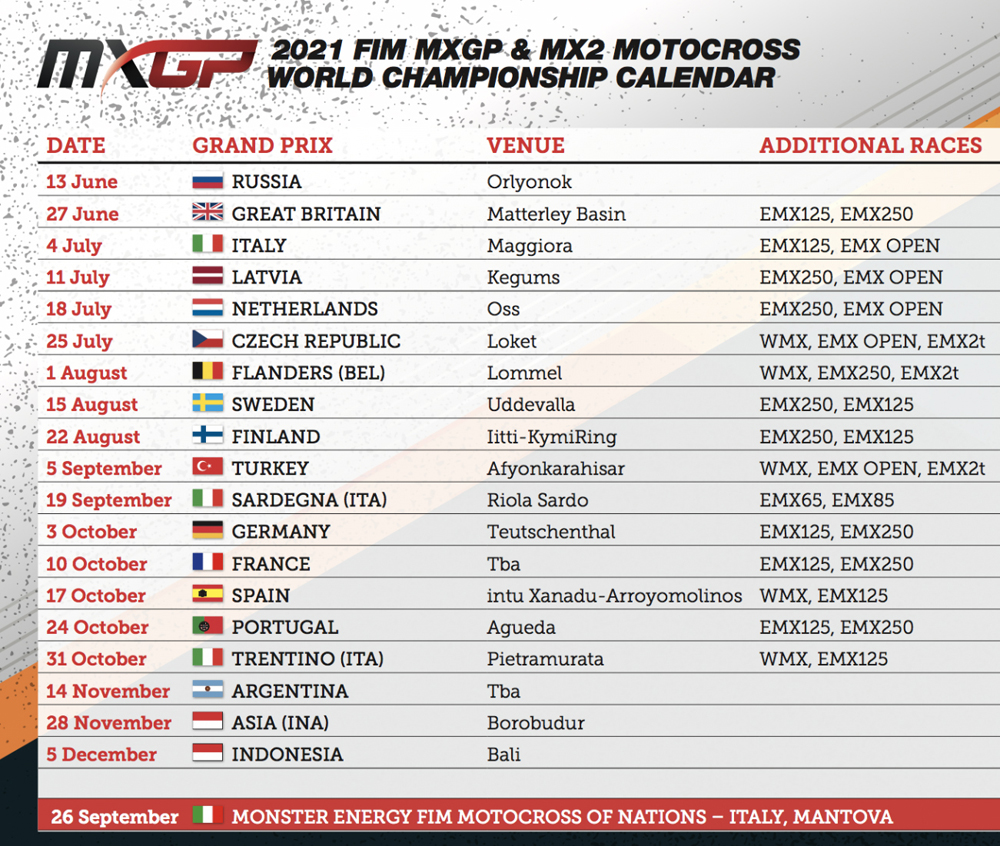 Updated MXGP calendar for 2021