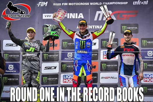 The MXGP class podium in Argentina, from left, Romain Febvre, Maxime Renaux and Tim Gajser.