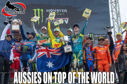 The 2024 Motocross of Nations podium saw Team Australia (centre) winning from Team USA (left) and The Netherlands (right). Photo by Ray Archer.