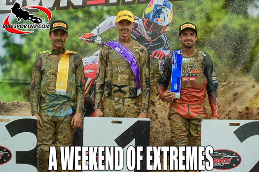 The podium for the premier MX1 class at the 2025 edition of the Honda New Zealand Motocross Grand Prix at Woodville at the weekend (from left) Mount Maunganui’s Josiah Natzke (third); Mangakino’s Maximus Purvis (winner) and West Auckland’s Hamish Harwood (runner-up). Photo by Andy McGechan, BikesportNZ.com