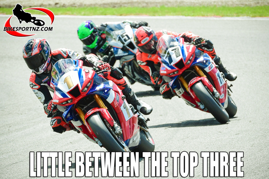 Whakatane’s defending champion Mitch Rees (Honda CBR1000RR-R No.1) leads his 58-year-old father Tony Rees (No.11) and Upper Hutt’s Rogan Chandler (No.15) through turn one in the premier formula one/superbikes class at Manfeild at the weekend. Photo by Andy McGechan, BikesportNZ.com 