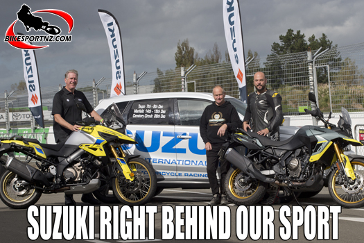 Suzuki New Zealand’s Simon Meade (left) is joined here by Suzuki International Series organiser Allan ‘Flea’ Willacy and Suzuki’s two-time former New Zealand superbike champion Sloan ‘Choppa’ Frost (right), along with a couple of Suzuki’s popular adventure bikes. Photo by Geoff Osborne, Osborne Photographics.