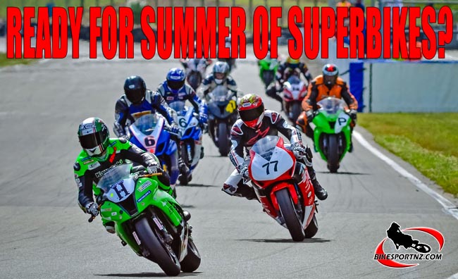 14122014 SPORTS ANDY McGECHAN/BikesportNZ.com. CAPTION: Austrian Horst Saiger leads the superbike class at Manfeild on Sunday, with New Plymouth’s Hayden Fitzgerald (bike No.6) just over his shoulder. Photo by Andy McGechan, BikesportNZ.com