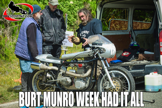 Kevin Ryan, from Barrytown, on the West Coast, with his Post Classic Pre ’82 GM 500. He is one of only two riders to have competed in every year of the Burt Munro Challenge. Photo by Andy McGechan, BikesportNZ.com