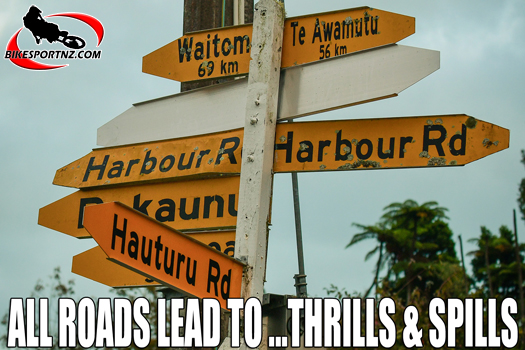 Look out for these cross-road signs on your way to watching or participating in some fantastically entertaining dirt bike race action at Oparau this coming weekend. Photo by Andy McGechan, BikesportNZ.com