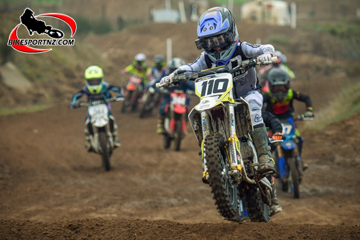 Huntly’s Jackson Slater leads the way at the start of this 7-8 years’ MX65cc class race on Saturday. Photo by Andy McGechan, BikesportNZ.com