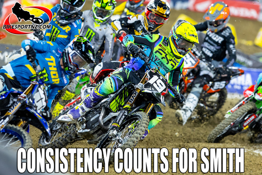 The 250cc West Coast racer Jordan Smith (Triumph), showing that counts for much in supercross.