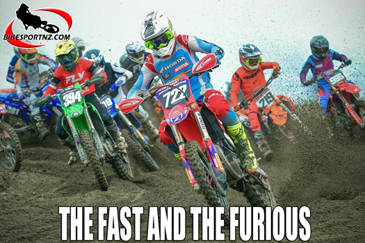 Levin’s Phoenix Van Dusschoten (Honda No.722) gets the jump on the rest of the 14-16 years’ 250cc class riders at the start of this race at the 2024 New Zealand Junior Motocross Championships this season. Photo by Andy McGechan, BikesportNZ.com