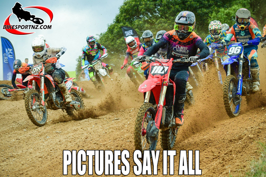 Honda’s Rian King (bike No.110) gets the jump out of the gate at the start of this MX2 class race at Rotorua on Saturday. Photo by Andy McGechan, BikesportNZ.com
