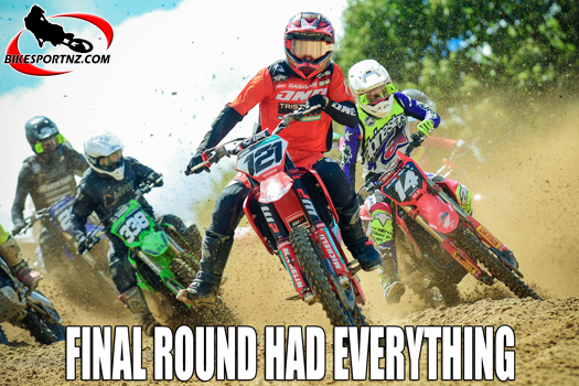 Opotiki’s Cody Cooper (GASGAS No.121) leads Tauranga’s Cobie Bourke (Honda No.14) and Taupo’s Brad Groombridge (Kawasaki No.338) at the start of this MX2 (250cc) class race at Rotorua on Saturday. Photo by Andy McGechan, BikesportNZ.com