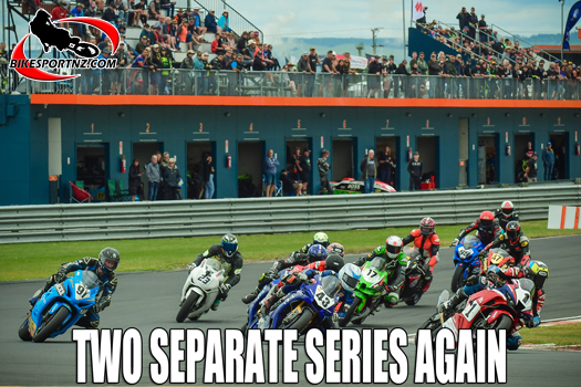 The premier F1/Superbike class blasts through the first turn at Taupo, round one of the 2023-24 Suzuki International Series/NZSBK in December. Photo by Andy McGechan, BikesportNZ.com