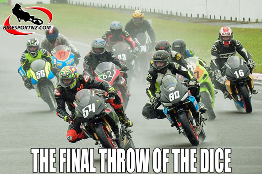 The F2 Pro Twins/Super Twins class arrives at turn one at Manfeild, round two of the 2023-24 New Zealand Superbike Championships, with Nelson’s Jonny Lewis (No.54) leading the way. Photo by Andy McGechan, BikesportNZ.com