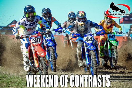 The MX1 class launches out of the start gate at Himatangi on Sunday with (from left) Huntly’s Josiah Natzke (No.30), Oparau’s James Scott (No.108) and Mangakino’s Maximus Purvis (No.44) leading the way. Photo by Andy McGechan, BikesportNZ.com