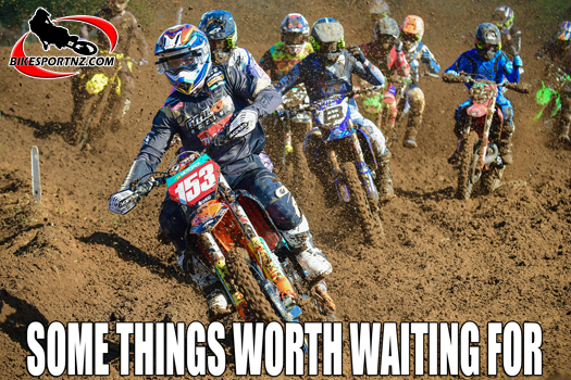 West Auckland’s Hamish Harwood (KTM No.153) leads the charge into the second corner in this MX1 class race on Sunday. Photo by Andy McGechan, BikesportNZ.com