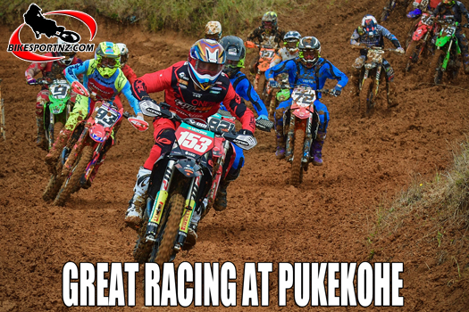 Hamish Harwod leads the MX1 class out of turn one at Pukekohe. Photo by Andy McGechan; BikesportNZ.com