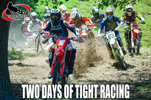 Defending New Zealand cross-country champion Callum Dudson (Honda No.1), of Rotorua, gets the jump on the senior field at round two of the 2025 series at Waituna West on Sunday. Photo by Andy McGechan, BikesportNZ.com