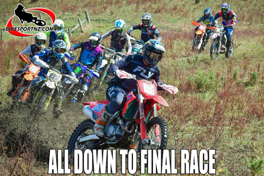 Eventual 2024 champion Callum Dudson (Honda No.731), from Rotorua, leads the way in this high-speed traffic jam soon after the start of the senior grade race at Flemington on Saturday. Photo by Andy McGechan, BikesportNZ.com