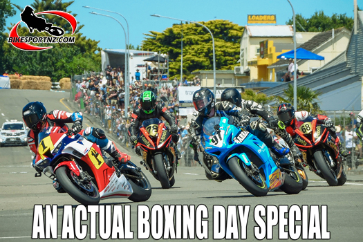 It will again be fierce and frantic on the streets of Whanganui on Boxing Day. This photo shows Whakatane’s Mitch Rees (bike No.1) leading Whanganui’s Richie Dibben (bike 91) through the first corner at the Cemetery Circuit on Boxing Day last year. Photo by Andy McGechan, BikesportNZ.com
