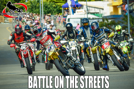 The Supermoto class is sure to be a crowd favourite on the public streets of Whanganui on Boxing Day, especially if UK rider Davey Todd (Suzuki RM-Z450 letter D) and local hero Richie Dibben (Suzuki RM-Z450 No.1) have anything to do with it. This is an image from the Cemetery Circuit last season. Photo by Andy McGechan, BikesportNZ.com