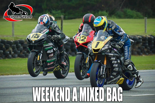 The Supersport 600 class blasts off the start line at Teretonga on Sunday with (from left) Upper Hutt’s Rogan Chandler (Suzuki), Whanganui’s Luca Durning (Ducati) and Invercargill’s Cormac Buchanan (Yamaha) leading the way. Photo by Andy McGechan, BikesportNZ.com