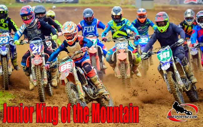 21012017 SPORTS ANDY McGECHAN/BikesportNZ.com. CAPTION: Matamata's Brodie Connolly (No.88) grabs the lead in the junior King of the Mountain feature final on Saturday. He is flanked by Ngatea's Isaac Broad (No.21) and Sanson's Max Hefferen (No.141). Photo by Andy McGechan, BikesportNZ.com