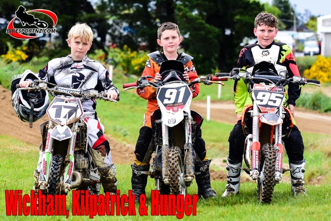 24102015 SPORTS ANDY McGECHAN/BikesportNZ.com. CAPTION: Taranaki riders such as (from left) Oakura's Jesse Wickham (aged 10), Okato's James Kilpatrick (aged 9) and Inglewood's Cameron Hunger (aged 10) will be hoping to turn local knowledge into solid points at the mini motocross nationals this weekend. Photo by Andy McGechan, BikesportNZ.com