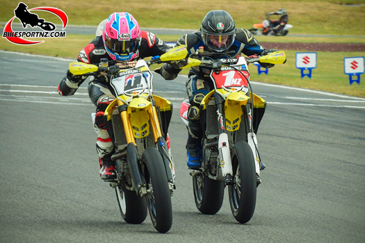 Just as he was on debut in New Zealand last season, England’s Davey Todd (left) was again among the frontrunners in the Suzuki International Series as the 2024 edition kicked off in Taupo at the weekend. Here he is battling with defending supermoto champion Richie Dibben, of Whanganui. Photo by Andy McGechan, BikesportNZ.com
