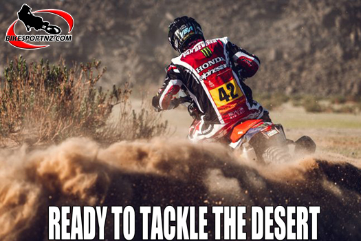 Hondas Adrien Van Beveren, prepared for the worst that the desert can throw at him.