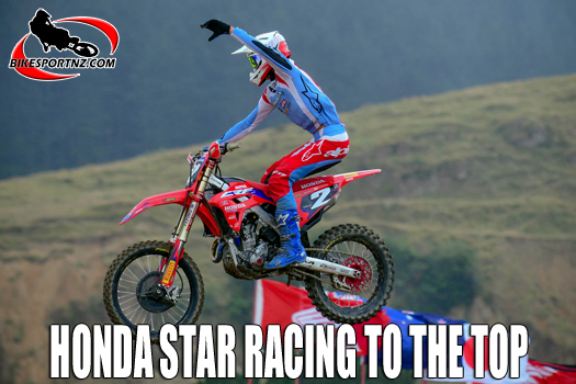 Levin’s Phoenix Van Dusschoten (Honda) was one of several stand-out performers at Woodville at the weekend. Here he celebrates winning the junior 14-16 years’ 250cc class on Saturday. Photo by Andy McGechan, BikesportNZ.com
