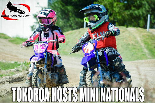Huntly’s Tessa Slater (bike No.102, left) is seen here battling Whakatane’s Cooper Whyte (No.71) in this recent mini motocross event and they will likely face one another again in the 4-7 years Intro Trail 50cc class in Tokoroa this weekend. Photo by Andy McGechan, BikesportNZ.com