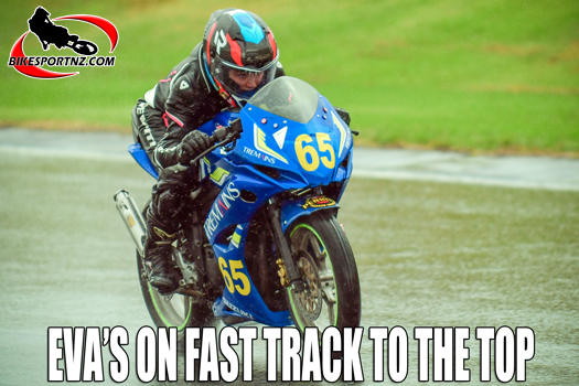 Wairarapa real estate agent Eva Wintle (Suzuki GSX150F), thrilled to celebrate winning her first national motorcycle racing title at the weekend. Photo by Andy McGechan, BikesportNZ.com